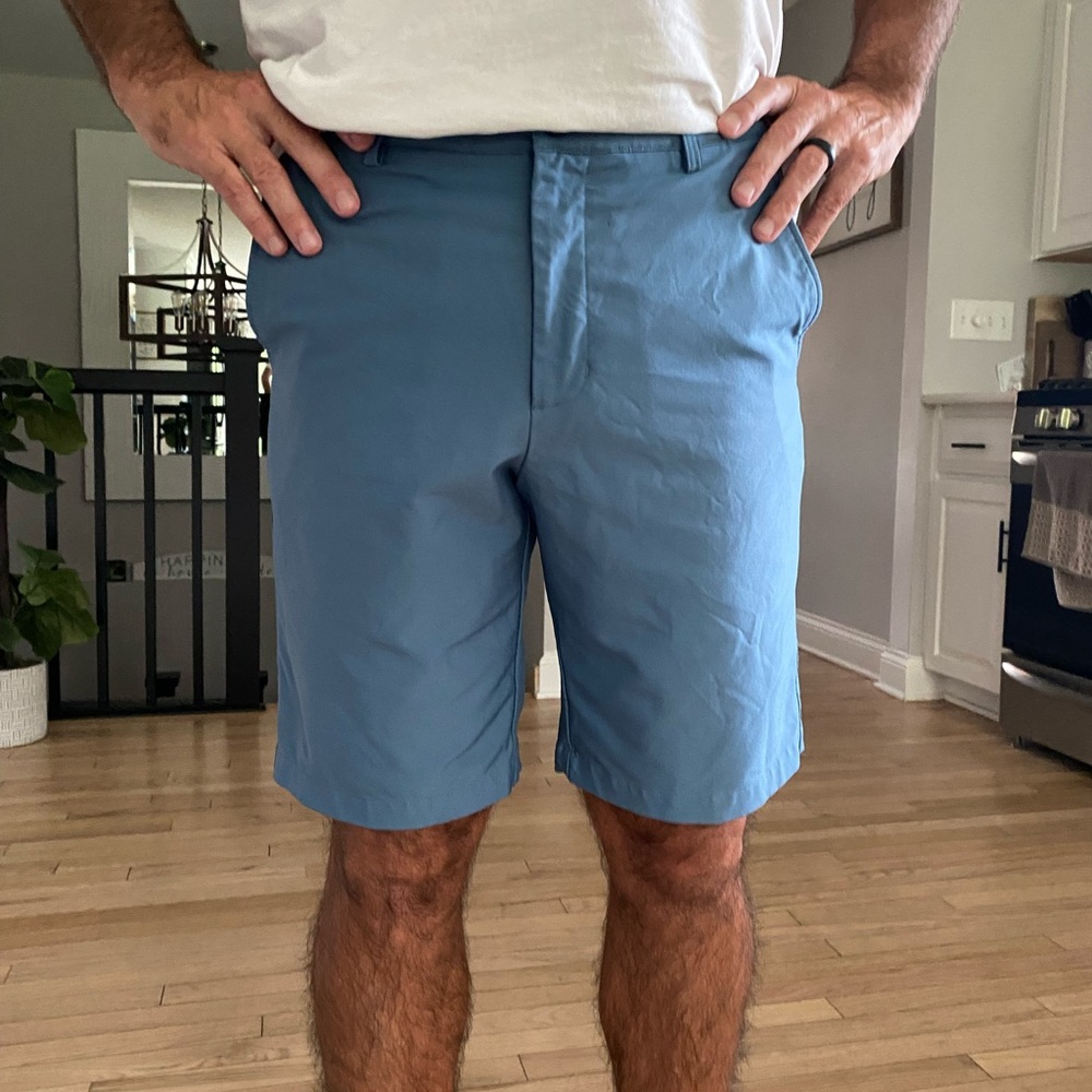 Men's Blue dunning golf shorts.  Premier mens brand 10 inch inseam